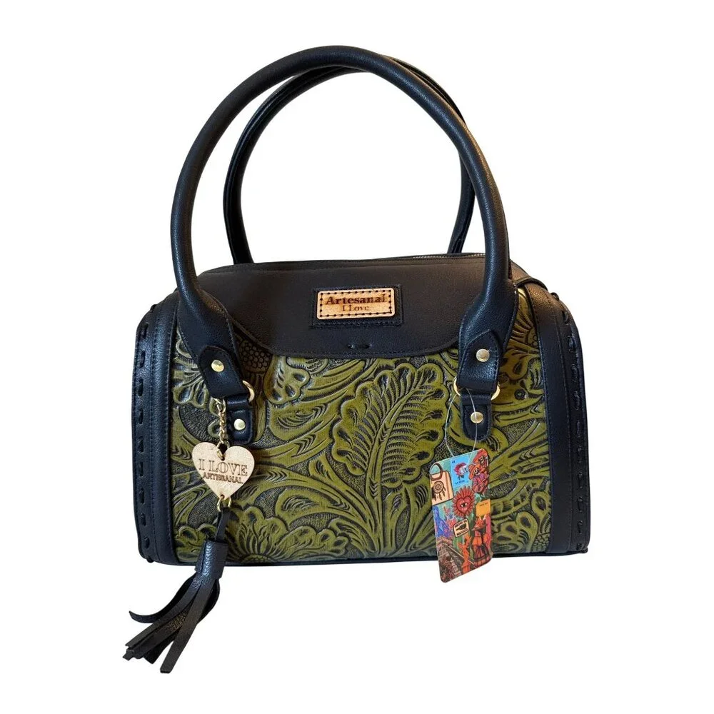 Tooled handmade olive green vegan‎ leather satchel shoulder handbag Women Large